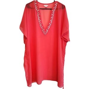 Venus Bright Coral Rhinestones V Neck Sheer Swim Cover Up Resortwear Sz 1X Beach